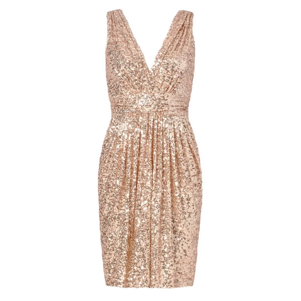 Badgley Mischka Showstopper Rose Gold Sequin Ruched V-Neck Cocktail Mini Dress 8